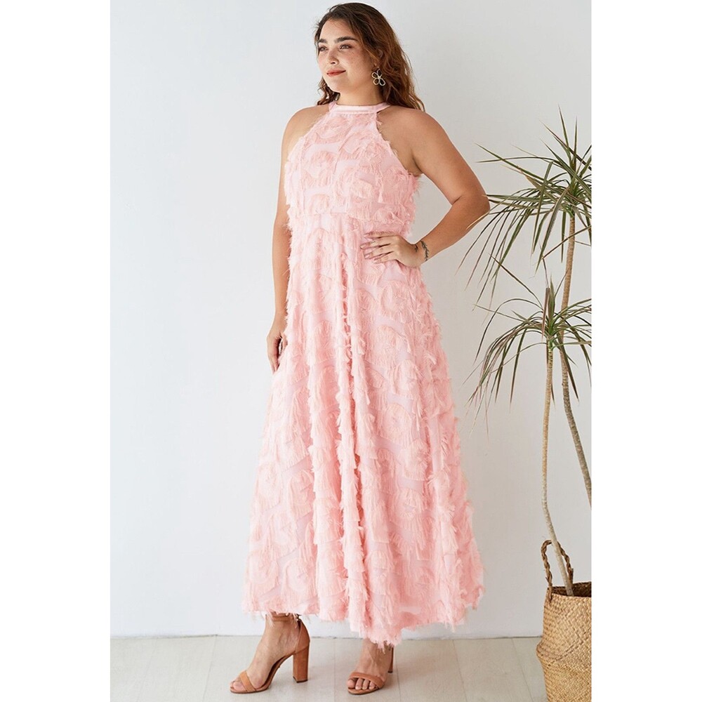 CHICWISH Dancing Feathers Halter Neck Maxi Dress Pink Textured Sabrina Carpenter